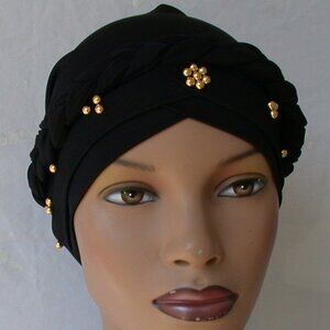 Women's Instant Turban Hijab Braid Chemo Cap Muslim Headcover Black Bonnet